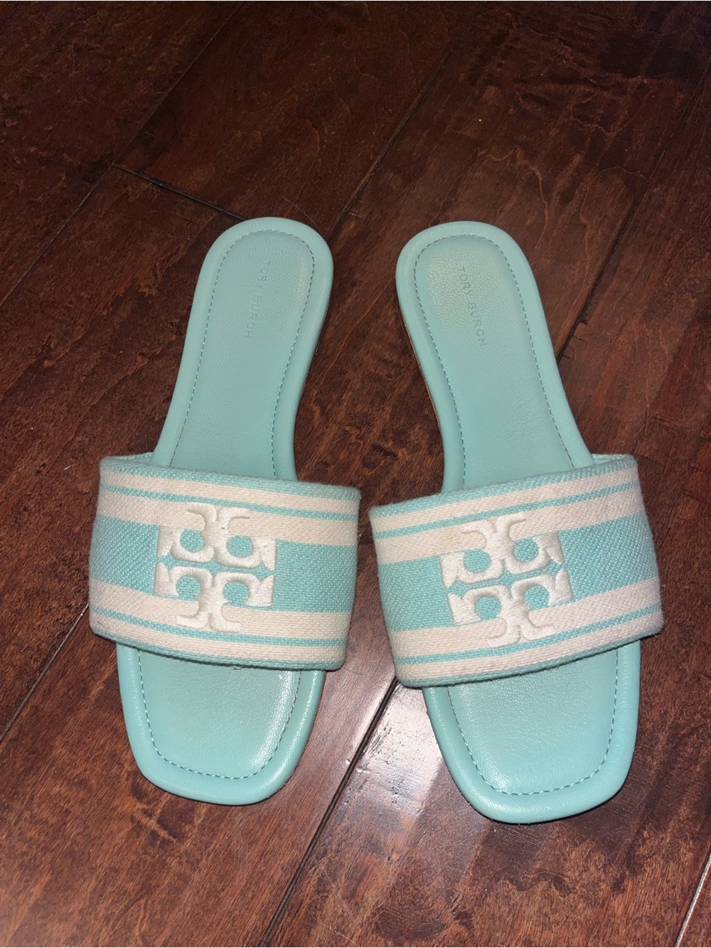 Tory Burch Mint Slide Sandals with Ivory Stripes
